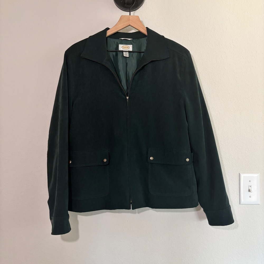 Talbots Jacket Faux Suede Full Zip 14 Stretch Forest Green Dark Academia Utility